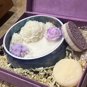 Flowers & Flame Lavender/Vanilla/Rose 3 Wick Soy Candle & 2 Soaps